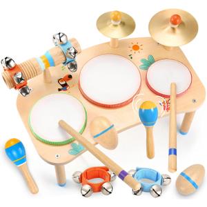 WINGYZ 11-in-1 Kids Drum Set  Montessori Baby Musical Toys & Wooden Musical Instruments for Toddlers 1-3, Music Table with Bongo Drums, Cymbals, Maracas & Wrist Bells for Early Rhythm Play