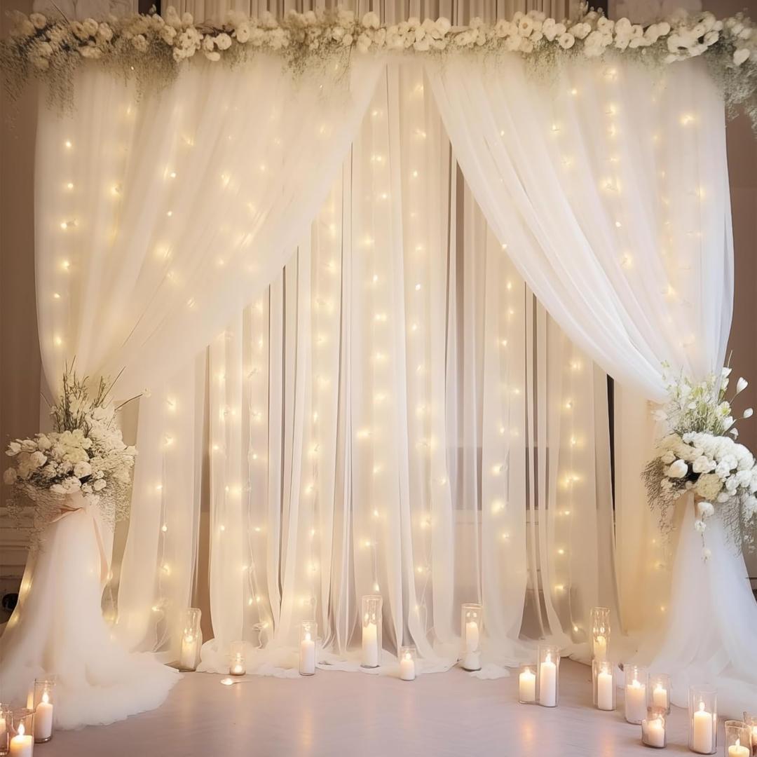 2010ft White Tulle Backdrop Curtain with Lights String for Parties, Sheer Photo Backdrop Curtains for Wedding Party Photography Background (20ftx10ft)