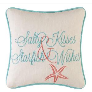 C&F Home Salty Kisses Starfish Wishes Embroidered Cotton Small Petite Mini Accent Pillow 10" x 10" All Seasons Summer Beach House Inspirational Quote Coastal Home Living Room Sofa Couch Chair Bed