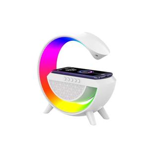 Pxujoqecg Table Lamp with Bluetooth Speaker, G Bedside Lamp with 15W Wireless Charger, Atmosphere Desk Lamp with Alarm Clock, RGB Bedside Nightstand Lamp, Hi-Fi Sound, Time Display