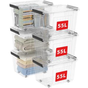 Cetomo 60Qt*6 Plastic Storage Bins, Storage Box, 6 Pack, Organizing Container with Wheels, Durable Lids and Secure Latching Buckles, Stackable and Nestable, Clear with Black Buckle