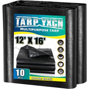 Black Tarp 12x16 Feet, 10 Mil Thick Waterproof Poly Tarps Cover UV Resistant, Rip & Tear Proof with Metal Grommets Every 20 Inches