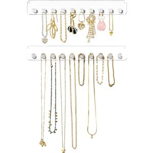 Boxy Concepts Necklace Organizer - 2 Pack Easy Install 10.5 x1.5 Hanging Clear Holder Wall Mount with 10 Necklace Hooks For Bracelets, Earrings, and Keys