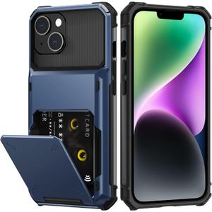 Nvollnoe for iPhone 14 Case with Card Holder [Store 5 Cards] Dual Layer Heavy Duty Shockproof Wallet Case with Hidden Card Slot Large Storage Cover for iPhone 14 (Blue)