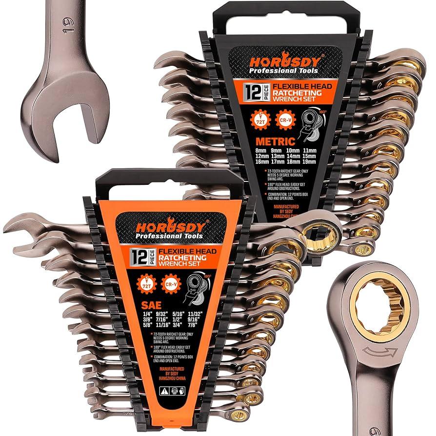 HORUSDY 24-Piece Ratcheting Wrench Set | Metric and SAE | Ratchet Combination Wrenches Set with Organizer | 72-Tooth | Chrome Vanadium Steel | 6-19 mm & 1/4” to 3/4“ (13-Piece Metric&SAE)