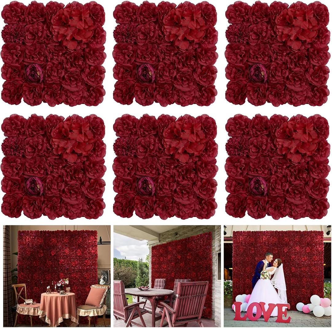 Flower Wall Backdrop 6 pcs 16.5x16.5 Inch Artificial Floral Wall Panel Silk Rose Wall Decor Ideal for Wedding Celebrations, Festive Party Backdrops, and Home Decor-Maroon