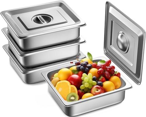 ZeroPone 4 Pack Hotel Pans with Lids, 1/2 Size 4" Deep Steam Table Pans, Stainless Steel Food Pans 22 Gauge Anti Jam 12.8" L x 10.4" W Commercial Food Storage Containers