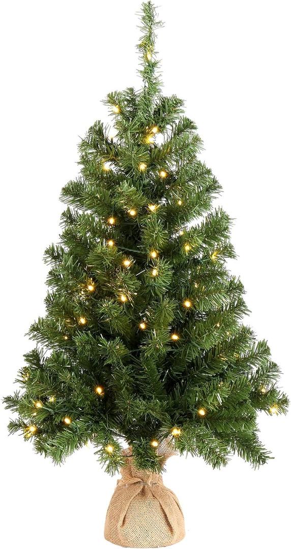 VINGLI 3ft Green Mini Artificial Christmas Tree with 150 Branches Tips, Pre-lit Design, Tabletop Xmas Tree for Christmas Party and Home Indoor Decoration Battery Operated (2ft 11in)