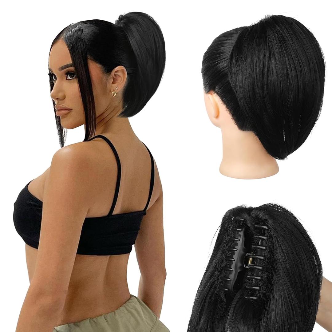 Ponytail Extension - 10" Short Claw Clip in Ponytail Hair Extensions Messy Bun Hair Piece Natural Soft Synthetic Straight Pony Tail Hair Pieces for Women - Black