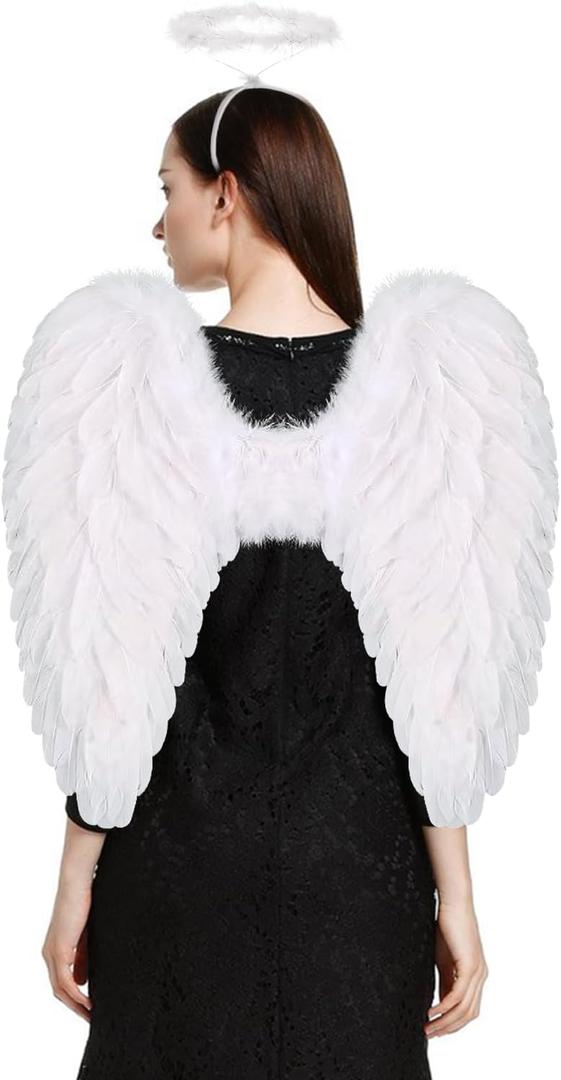 Angel Wings and Halo for Adult Feather Angel Wings Costume for Women Halloween Cosplay (White)