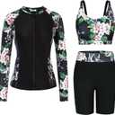 GRACE KARIN Women's 3 Piece Rash Guard Built-in Bra Long Sleeve UV Sun Protection Swimsuit Zip up Swim Top Shirt Modest (Black-1), S