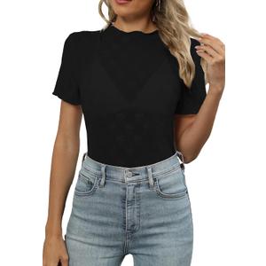 Women's Mesh Lace Top Sheer Short Sleeve T Shirt Mock Neck Summer Blouses (Black, M)