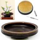 Japanese Classical Ikebana Vase Kit, Minimalist Ceramics Flower Pot Flower Shallow Container with 2.4inch Flower Frog and 2-in-1 Flower Arrangement Kenzan Needle Straightening Tool