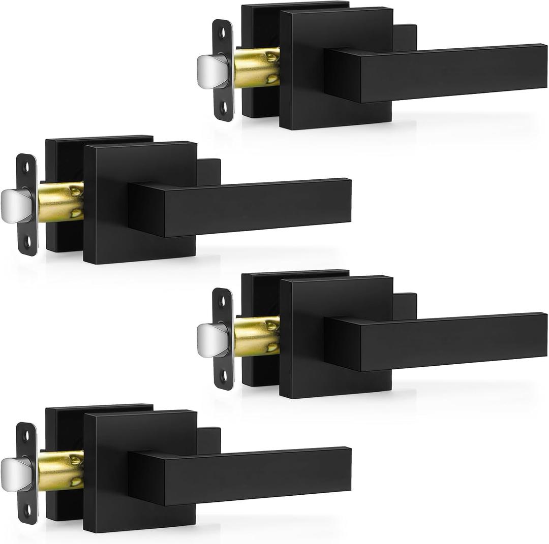 Plustool 4 Pack Black Door Handles Interior, Passage Door Levers for Hallway & Closet, Interior Closet Door Knobs Heavy Duty Square Non-Locking Handlesets, Reversible for Left & Right Sided Doors