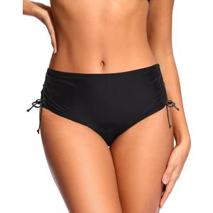 Zmart Women Full Coverage Bikini Bottom Adjustable Side Tie Swim Bottom with Side Ruched Mid Rise Bathing Swimsuit (Large, Black)