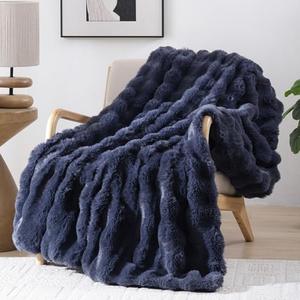 Smoofy Faux Fur Throw Blanket for Couch - Navy Blue Super Soft Cozy Bubble Blanket, Fluffy Plush Fuzzy Throw for Sofa & Bed, Thick Lightweight Warm Blanket, Luxury Aesthetic Gift for Women 60"x80"