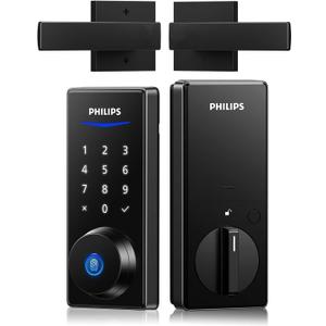 Philips Front Door Lock Set, Electronic Fingerprint Lock with 2 Lever Handles, Keyless Entry Door Lock with Handles, Auto Locking, Fingerprint Unlock, Touchscreen Keypad with Key
