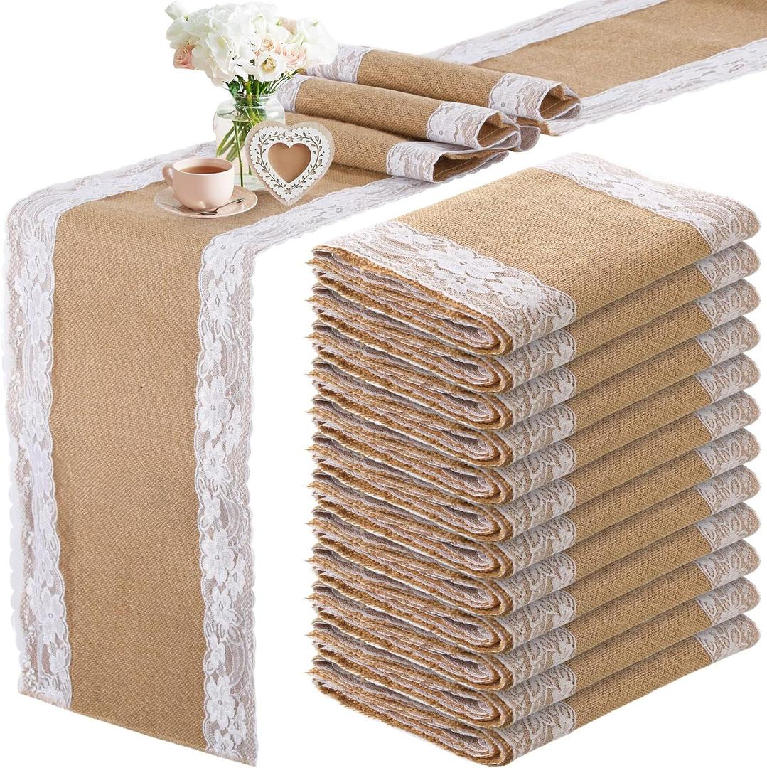 Tatuo 12 Pcs Lace Burlap Table Runner 12'' x 72'' Rustic Jute Hessian Farmhouse Country Vintage Romantic Fabric Cloth for Wedding Birthday Thanksgiving Party(Elegant)