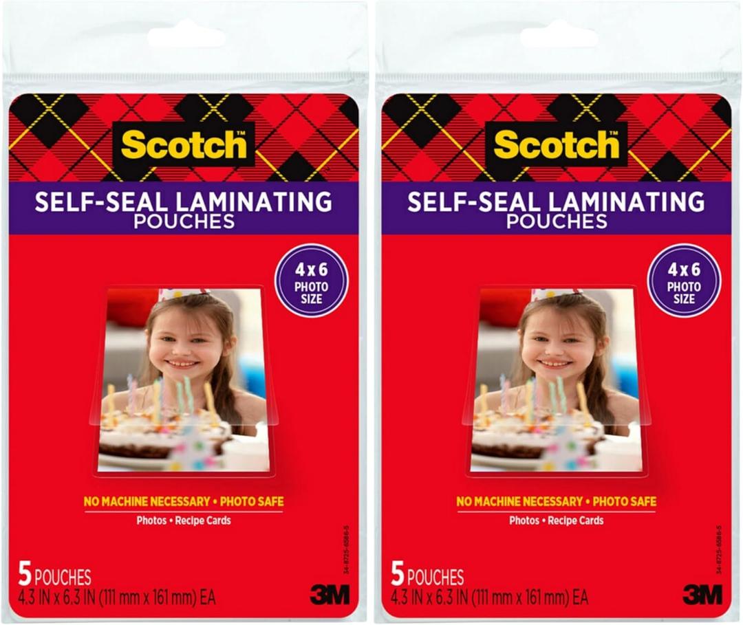Scotch Self-Sealing Laminating Pouches, Photo Size 46 Inch, 2 Packs of 5 (10 Total)  No Machine Needed, Clear Glossy Finish, Photo Safe Protection for Pictures, Cards, and Documents
