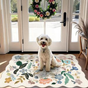 Washable 2x3 Entryway Scalloped Rug: Floral Thin Door Mat Non Slip Water Resistant Kitchen Bathroom Area Rug Indoor Ultra Soft Carpet for Laundry Nursery Living Room Bedroom Soft Floor Mat (2x3,Cream)