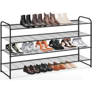 KEETDY 4-Tier Long Shoe Rack for Closet Metal Shoe Organizer for Entryway, Wide Stackable Shoe Storage Shelf with Sturdy Wire Grid for Closet Floor, Bedroom, Black