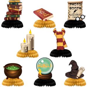 8 Pcs Wizard Party Centerpieces - Magical School Theme Honeycomb Table Decorations, 3D Double-Sided Cauldron & Sorting Hat Table Toppers for Witchcraft Birthday Party Supplies, Movie Night Room Decor
