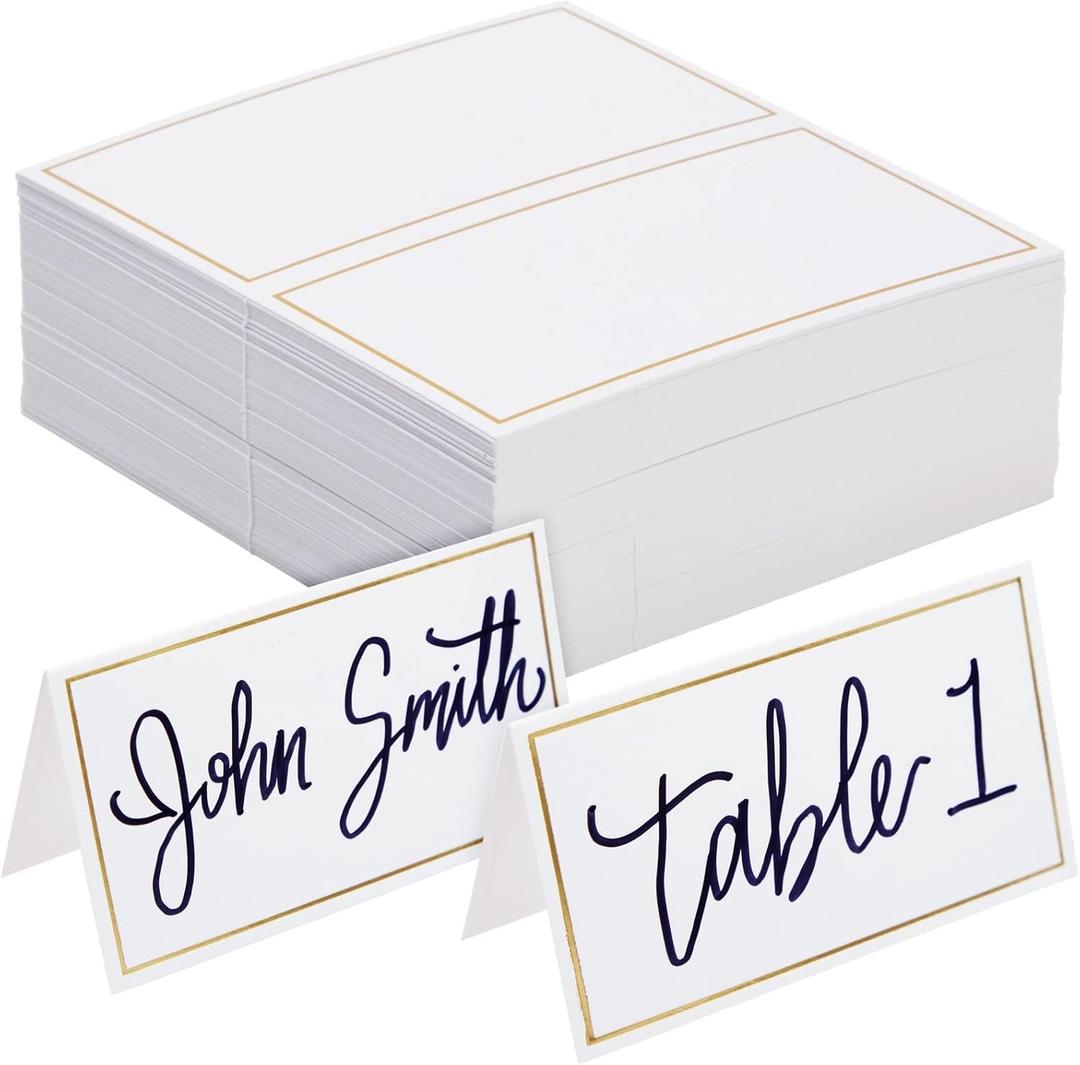 Best Paper Greetings Place Cards for Table Setting - 3.5 x 2 In Folded, Pack of 100, White & Gold - Wedding Name Cards for Reception Seating Chart & Banquet Use