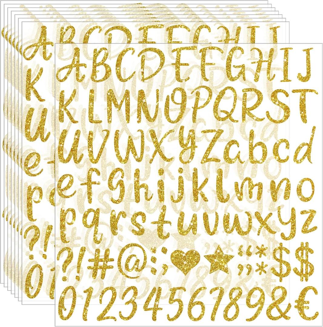648pcs Letter Stickers - 8 Sheets Alphabet Stickers, 1 Inch Vinyl, Glitter, Self-Adhesive, Waterproof ABC, Number, Graduation Cap, Water Bottles, Scrapbook Crafts (8, Gold)