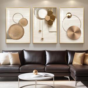 Large Framed Modern Luxury Gold Wall Art for Living Room, 3 Piece Bright Style Art Prints Paintings Artwork for Walls, Bronze Gold Geometric Pictures for Hallway Stair Office Wall Decor 24x36 In, 24" W x 36" H x 3Pcs