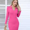 Valiamcep Women's Dress Long Sleeve V Neck Collared Ribbed Knit Bodycon Mini Pencil Dresses (Pink, M)