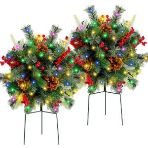 Liliful 2 Sets Lighted Artificial Christmas Urn Filler 18 Inch, Battery Operated Pre Lit Artificial Christmas Tree Outdoor Light up Planter Filler Lighted Xmas Trees with LED Lights Timer (Multicolor)
