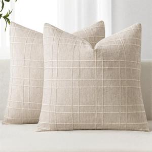 MIULEE Decorative Linen Check Throw Pillow Covers Neutral Farmhouse Vintage Pillow Covers 18x18 Set of 2 Boho Modern Home Decor for Sofa Couch Bedroom Cushion Natural Beige