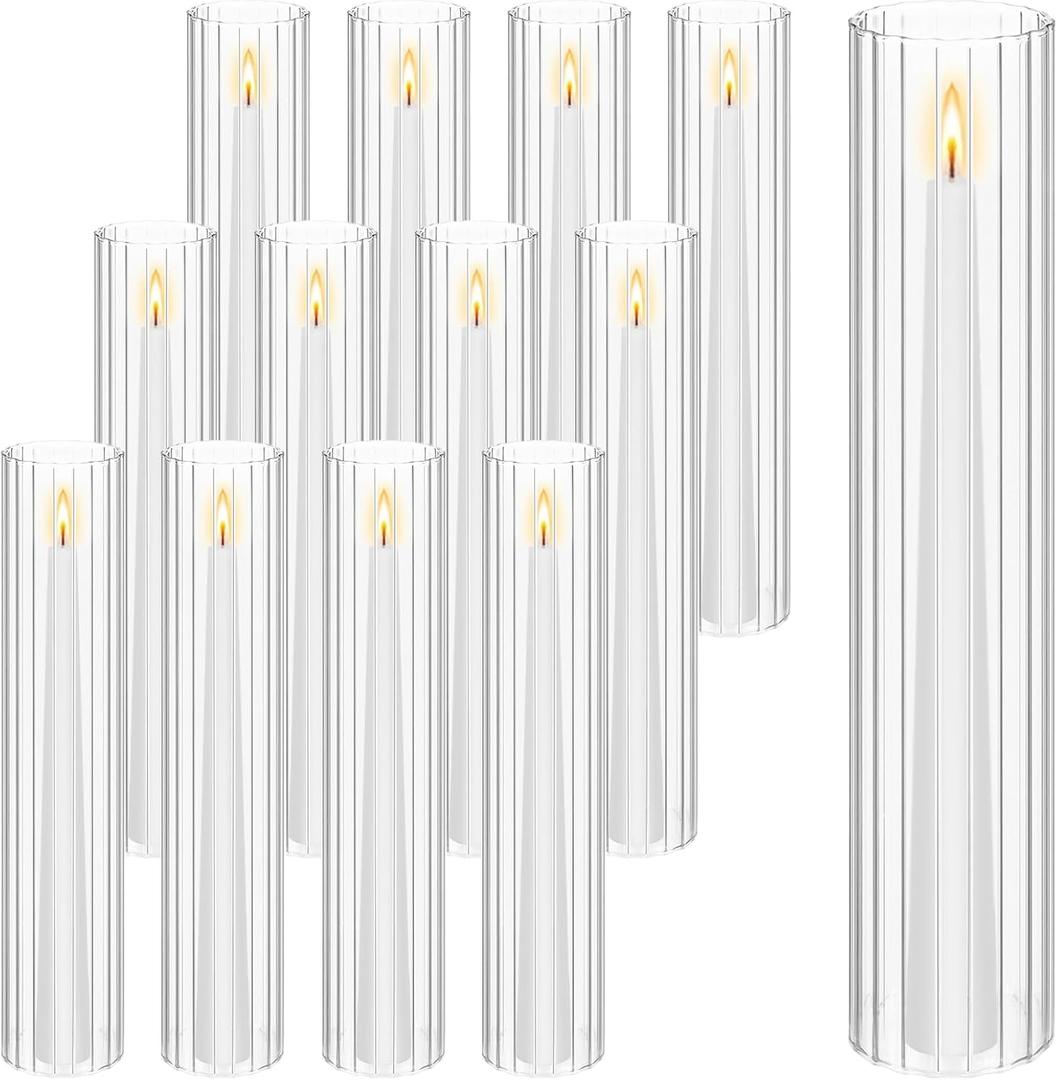 Hurricane Candle Holder Sleeve, Cylinder Candle Holders for Pillar Candles, D:2.5" H:14" Clear Ribbed Glass Candle Holder Set of 12, Open Ended Candle Shade for Centerpieces Wedding Table Decorations