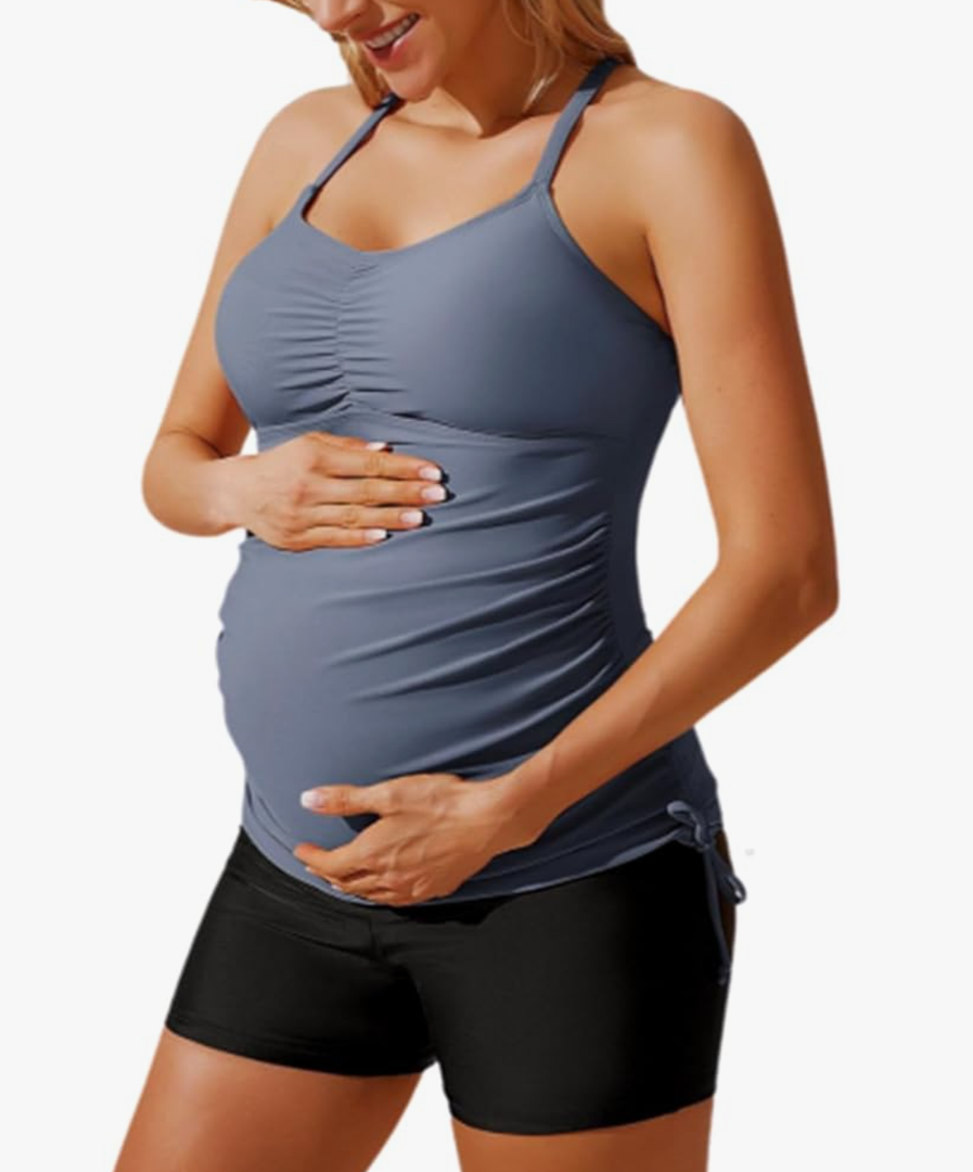 Maacie Maternity Athletic Tankini Swimsuits Two Piece Floral Print Ruched Tops with Shorts 