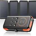 SOARAISE Wireless Solar Power Bank, 25000mAh Solar Charger with Built-in 3 Cables, Dual Outputs, 4 Solar Panels & 3 LED Flashlights, Portable Phone Charger for Outdoor Camping