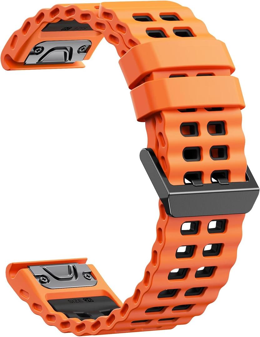 Quickfit 26mm Watch Bands for Garmin Fenix 8 51mm/7X/6X/5X, Sports Ocean Silicone Bands Compatible with Garmin Fenix 8 Pro 51mm/7X Pro/6X Pro/5X Plus/3/3HR/Descent MK1/MK2i Smartwatches (Orange/Black)