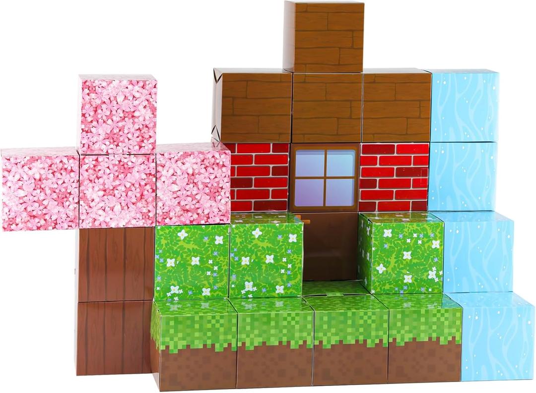 32PCS Pixel Theme Treat Boxes for Game Theme Birthday Decorations, Video Game Party Supplies and Favor Boxes with 9 Designs, Pre-Folded Paper Cubes for teenagers DIY Birthday Party