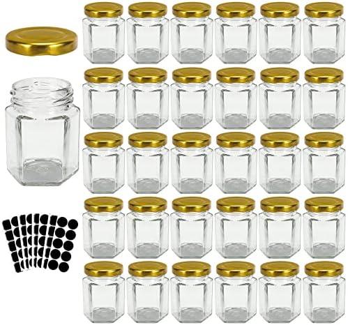 3 oz Hexagon Glass Jars with Gold Lids, 30 Pack Honey Jars Canning Jars Small Spice Jars for Jelly, Herb, Jams, Candy, Wedding Favors, Includes Labels and Pen