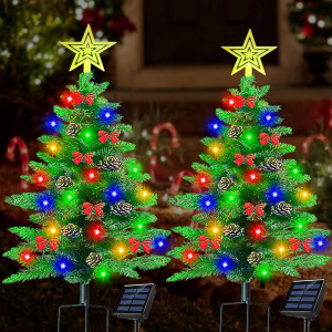 Upgraded 3.6Ft Solar Christmas Tree Pathway Lights, 1 Pack 100 LED Xmas Tree with 50 Pcs Christmas Ornaments, Prelit Christmas Tree Yard Stake Lights for Christmas Decorations Outdoor Yard Porch