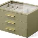 Jewelry Box Organizer Case for Women: 3-Layer Jewelry Storage Case with Glass Window, Olive Green Leather with Cream Velvet, Holder for Ring Necklace Bracelet Brooch Watch, Great Gift for Her