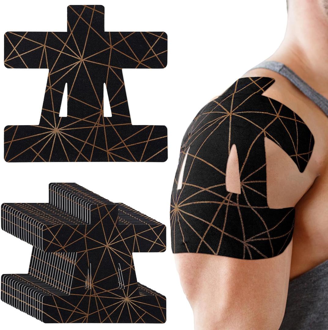 Geiserailie 20 Pcs Precut Kinesiology Tape for Shoulder, Pain Relief Pre Cut Sports Waterproof Breathable Enhance Elastic Copper Infused Kinesiology Athletic Tape for Body Support and Muscle Black