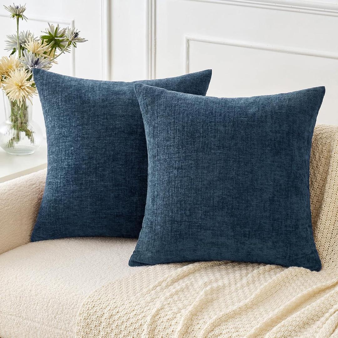 MIULEE Pack of 2 Blue Throw Pillow Covers 16x16 Inch Soft Chenille Pillow Covers for Sofa Living Room Couch Solid Dyed Cases