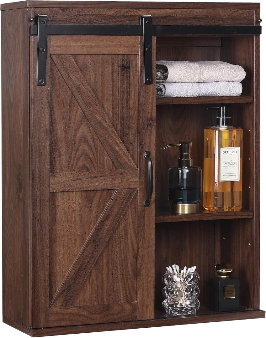RUSTOWN Farmhouse Wood Wall Storage Bathroom Cabinet with Sliding Barn Door, Rustic Medicine Cabinet with Adjustable Shelf, 3-Tier Vintage Cabinet for Kitchen Dining, Bathroom, Living Room (Walnut)