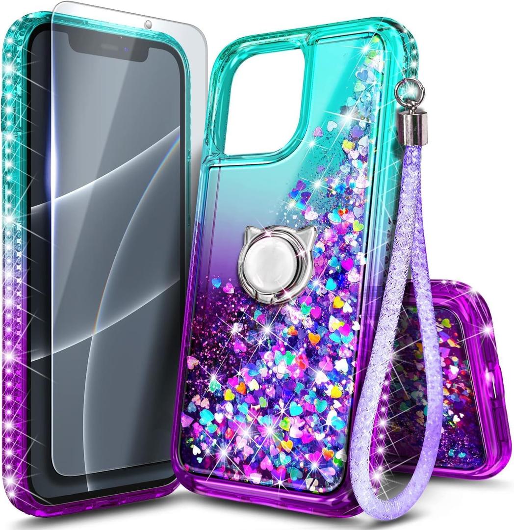 NGB Designed for iPhone 14 Pro-Max Case, Aqua/Purple | Glitter Liquid Sparkle Cute Cover for Women Girls Kids | with Tempered Glass Screen Protector & Ring Holder & Wrist Strap