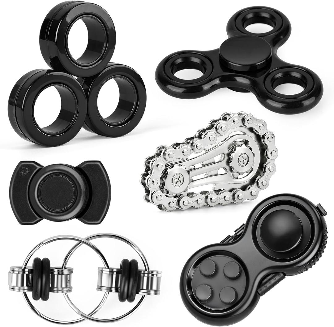 6PCS Fidget Toys Sets Adults & Teen,Metal Fidget Spinner Cool Classroom Desk Toys for Stress & Anxiety Relief,Fidget Blocks Sensory Rings Toy Pack for Autism ADHD Best Gift for Adults&Family