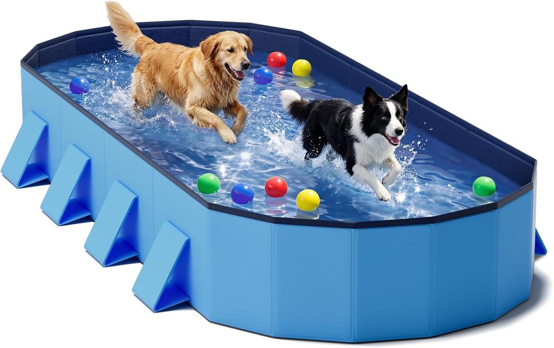 Foldable Dog Pool, 82" Extra Large Portable Pet Bathtub with Non-Slip & Reinforced Support Boards for Indoor Outdoor Backyard Use (Blue)