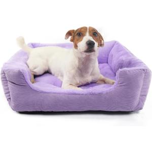 Dog Bed with Bolster Sides Small Square Dog Sofa Beds Washable Corduroy Orthopedic Anti Slip Soft 20 x 19 x 6 (Purple)