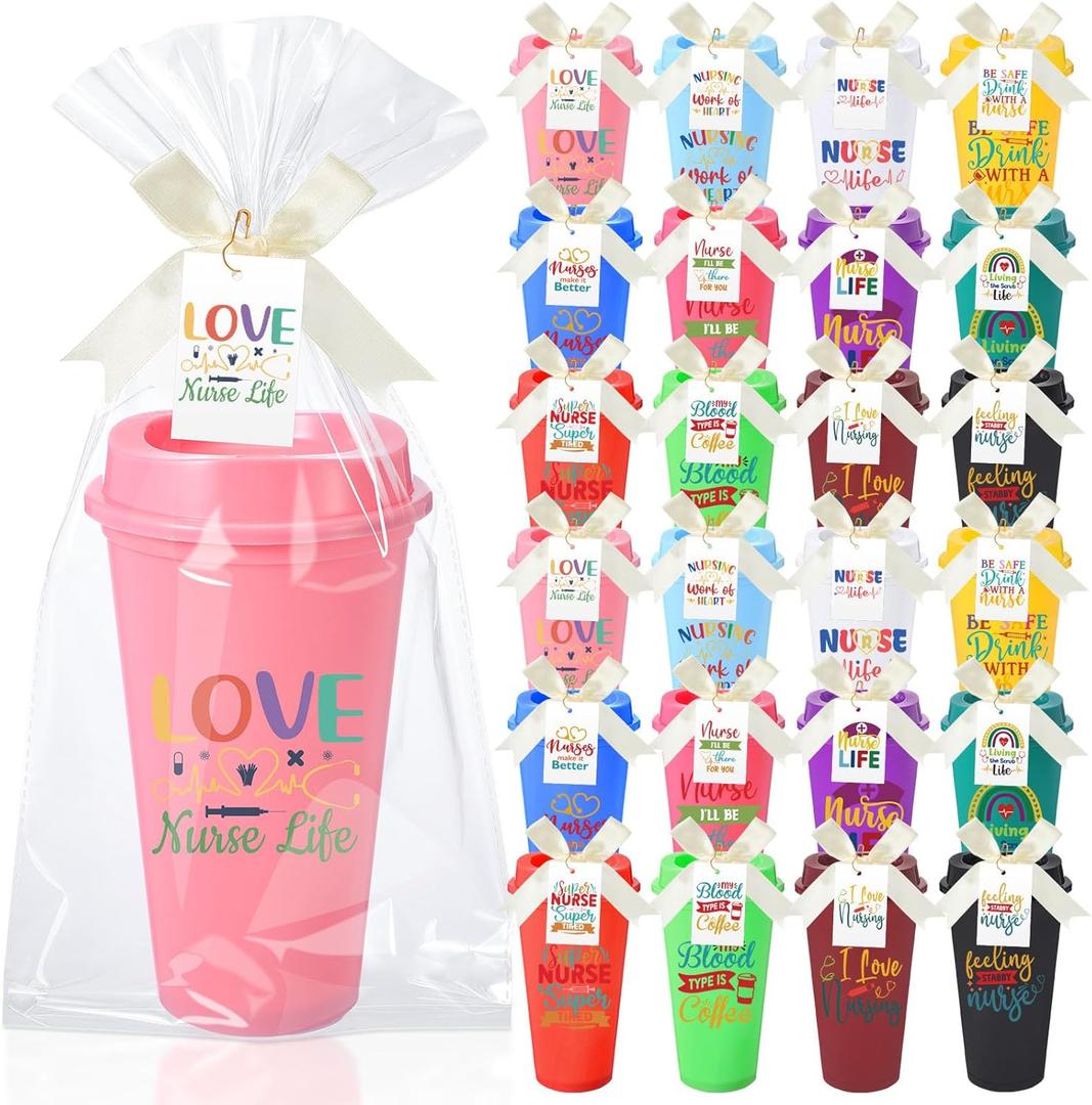 Skylety 24 Set Nurse Week Appreciation Gifts Bulk 16oz Nurse Cup with Lid Reusable Plastic Coffee Cup with Bow Card Opp Bag, Thank You Tumbles Gifts for Women Men RN CNA(Warm Style)
