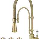 Antique High Arc Classical Single Handle Spring Kitchen Faucet with Pull Down Sprayer, Swiveling Commercial Kitchen Sink Faucets for Farmhouse, Vintage Sink Faucet, Brushed Gold
