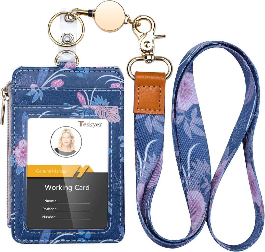 Teskyer Retractable Lanyard with ID Badge Holder, Stylish Pattern Lanyard Wallet, 4 Card Slots Zipper Pocket Badge Holder Women & Girls, Blue Flowers